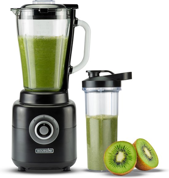 Bourgini PowerBlender - 1.75L - Blender à emporter avec gobelet de 700ml - Blender smoothie et broyeur de glace - 1000 watts - Noir
