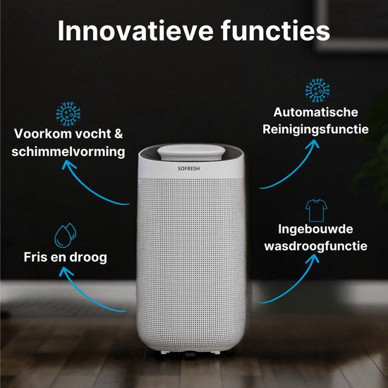 2x Sofresh Déshumidificateur et Purificateur d'air en 1 - Espaces jusqu'à 40m² - Déshumidifie 16L par jour - Contrôle par application - Filtre HEPA - Silencieux - Salon, chambre, salle de bain, sous-sol - Blanc