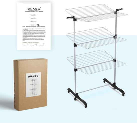 BRASQ Drying Tower Collapsible 3 Layers - Drying Length 36 Metres - Laundry Rack with Wheels and Holders - Drying Rack - Laundry Tower 77x73x140 cm