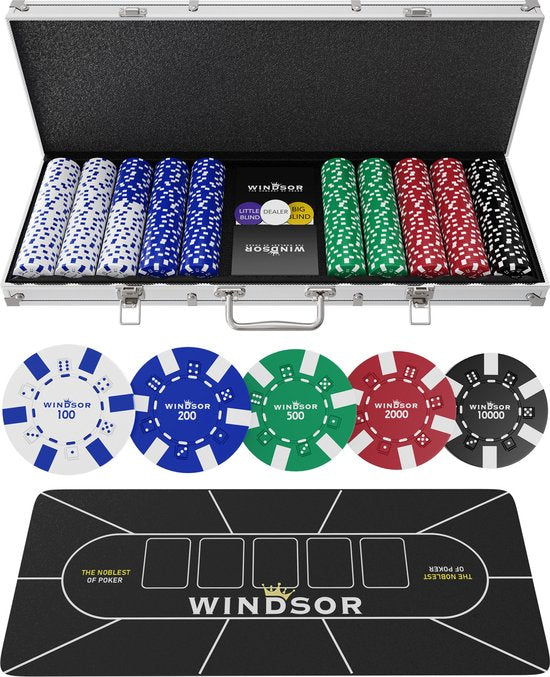 Set de poker Windsor - 500 jetons - Tissu de poker - Blinds - Cartes - Jetons de poker - Jetons de poker
