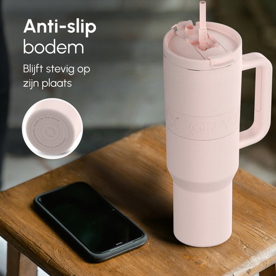 ONYX Bouteille à boire avec paille 1,2 litre - Bouteille d'eau pour enfants et adultes - Tasse thermos - Tasse de voyage - Boire pour la motivation - Tasse à boire pour l'école - Rose