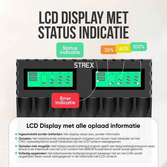 Strex Battery Charger - 8x AA/AAA Batteries - USB Rechargeable - Ecran LCD - Chargeur universel pour piles rechargeables