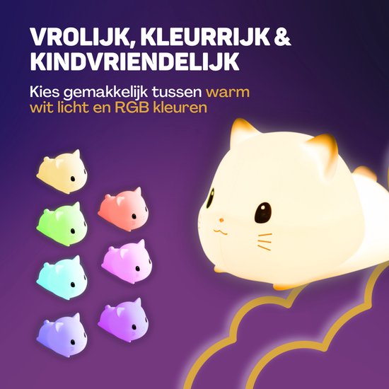 Vulpes Goods® Veilleuse pour enfants - Lumière LED et 8 couleurs - Veilleuse pour chambre de bébé - Chat - Rechargeable par USB - Variateur - Minuteur - Sans fil - Adapté aux enfants