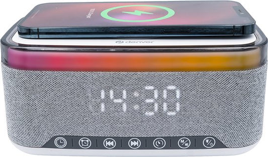 Réveil Denver avec chargeur sans fil - Machine à bruit blanc - Réveil numérique - Bluetooth - Radio FM - Double alarme - Variateur - CRQ225