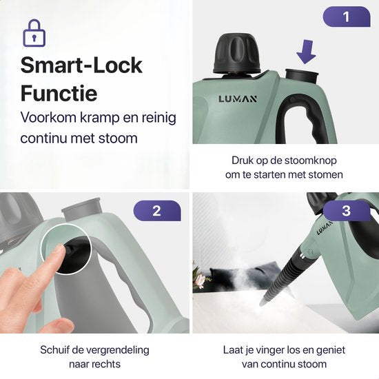 Nettoyeur vapeur portatif - Luman - 1050W - Réservoir 450 ml - Pression 0,26 à 0,32 MPa - Fonction vapeur continue - 16 accessoires - Vert