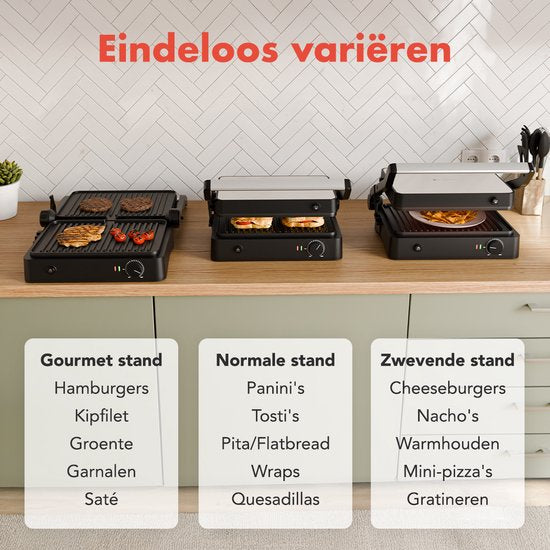 KitchenBrothers Contact Grill - Appareil à griller - Plaques de gril amovibles - Gril à panini - 3 réglages de hauteur - Fer à toasti - 2000W - acier inoxydable