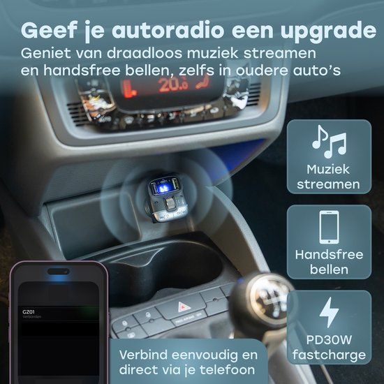 Audyn Bluetooth FM Transmitter - USB-A & USB-C - Récepteur Bluetooth - Chargeur rapide - Chargeur voiture - Carkit - Accessoires voiture - RGB