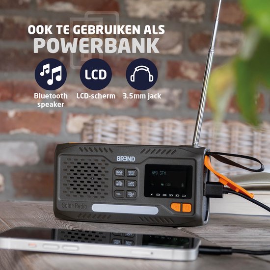 BREND BR-2244 Radio d'urgence avec DAB et FM - Haut-parleur Bluetooth - Alarme SOS - Powerbank - Torche LED - USB-C - Rechargeable avec panneau solaire et manivelle