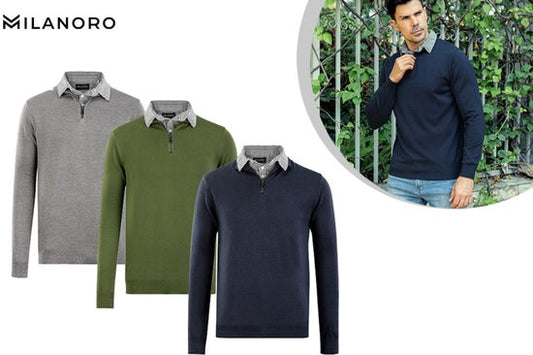 Milanoro - Pull pour homme avec col chemise et demi-fermeture éclair - Marine - XXL