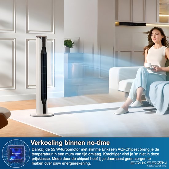 Erikssøn Ventilateur de tour - Silent Comfort Series - Ventilateur de sol avec télécommande - Minuterie - 55W - 39 dB - 106cm - Blanc