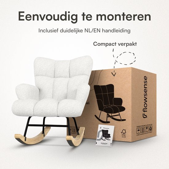 Flowsense Rocking Chair Teddy White - Rocking Chair Adultes Bébé - Chaise d'allaitement Chambre de Bébé - Fauteuil avec accoudoir Design - Fauteuil Relax - Recliner