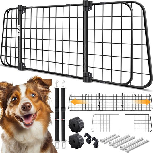 LovPet® Dog Rack Car, Cloison universelle pour voiture, largeur réglable, Appui-tête, Porte-bagages, Protection du coffre Dimensions HxL 30 x 91-153 cm , + 2x Sangle de sécurité pour chiens - Noir