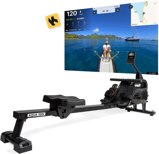 VirtuFit AQUA100i Rameur avec résistance à l'eau - Mono-rail - Avec écran, support de tablette et roues de transport - Kinomap & Fitshow - Max. 120 kg et 200 cm - Appareil à ramer - Rameur