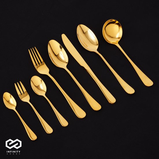 Infinity Goods Set de Couverts - Or - 39 pièces - Couverts pour 6 personnes - Multi-plats - Couteau Cuillère/Fourchette - Acier inoxydable - Or