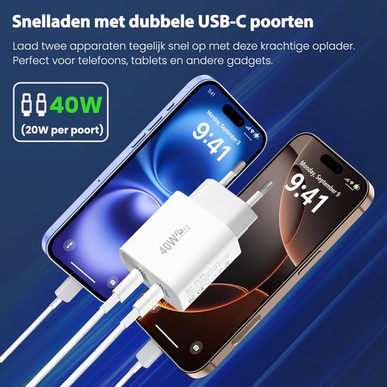 Chargeur USB C - 40W - avec 2x câble USB C vers USB C - Chargeur rapide - 2 ports de charge - Blanc - par Faas