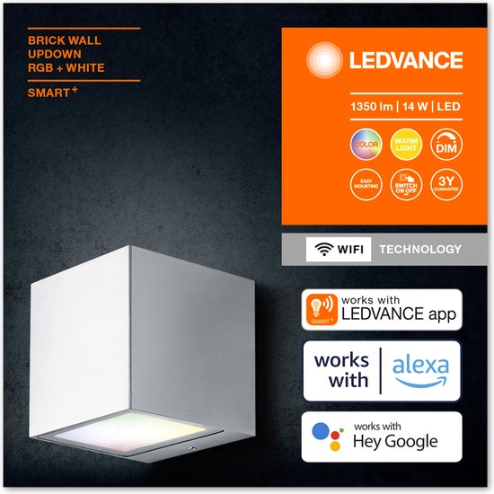LEDVANCE Luminaire de jardin mince LED : pour mur, SMART+ BRICK MULTICOLOR / 14 W, 22-...24- V, Blanc chaud, 3- K, matériau du boîtier : aluminium/acier, IP44