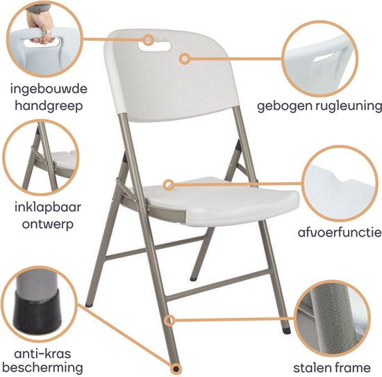 Perel Chaise pliante blanche pour l'intérieur et l'extérieur, en plastique, peu encombrante, idéale pour les événements, les fêtes et la restauration, avec structure en acier et assise résistante aux intempéries