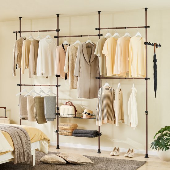 SoBuy Penderie télescopique - Penderie ouverte réglable avec tringles à vêtements et étagères - Marron, L(209-311) x H(200-295) cm, KLS04-II-BR, pour Chambre à coucher, Walk-in Closet