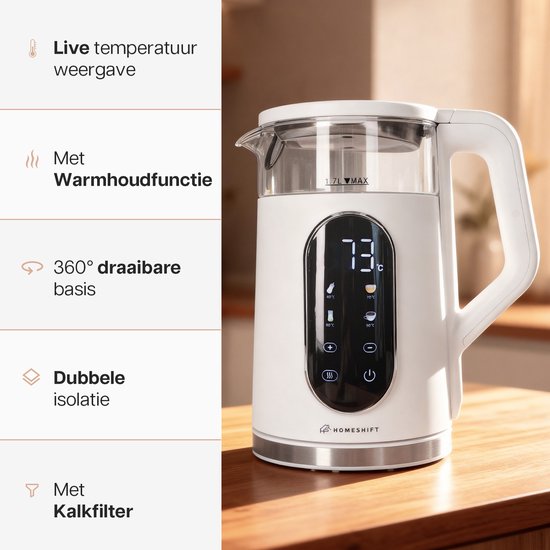 Bouilloire HomeShift® avec contrôle de la température - Fonction maintien au chaud - Double paroi - Électrique - 1,7 Litre - 2200W - Blanc