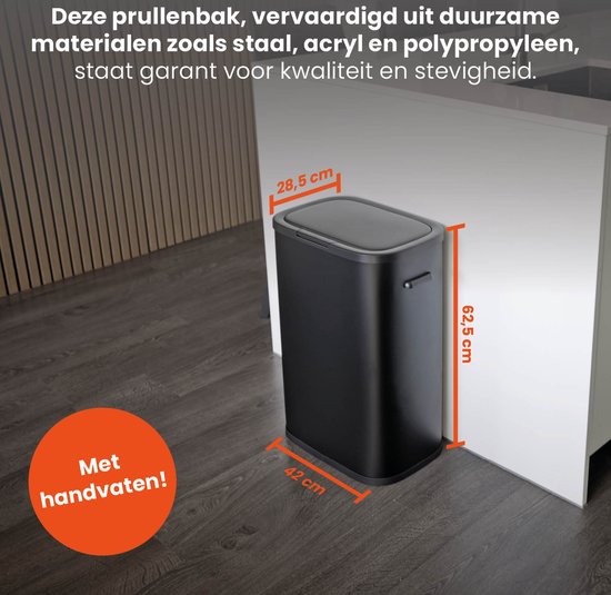 QLT Push Lid Trash Can - Poubelle avec ouverture par bouton poussoir - Poubelle - 55 litres - 42 x 28,5 x 62,5 cm (LxLxH) - Noir