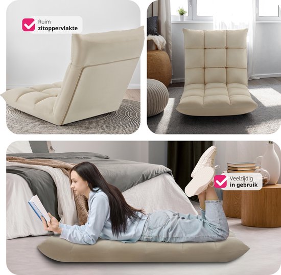 tectake® Relax chair - Recliner - Fauteuil de sol XXL - Pliable et inclinable - Fauteuil de sol avec dossier réglable - Peut être utilisé comme fauteuil, coussin de siège, coussin de sol, fauteuil de relaxation ou pour la méditation - Beige