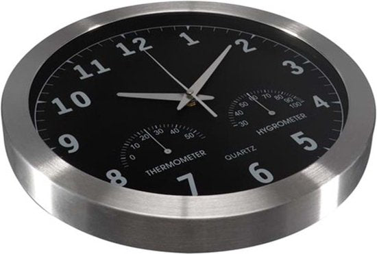 Perel Horloge murale, ronde, analogique, 35,5 cm, affichage de l'heure radio-piloté (DCF), avec thermomètre et hygromètre, aluminium, argent