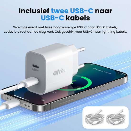 Chargeur USB C - 40W - avec 2x câble USB C vers USB C - Chargeur rapide - 2 ports de charge - Blanc - par Faas