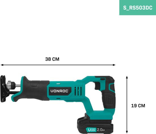 VONROC Accu Recipro saw 20V - 3 lames de scie incluses - Batterie 2.0Ah et chargeur rapide inclus