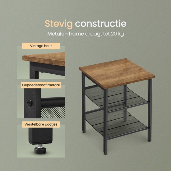 O'DADDY® Side Table Square - Tables d'appoint - Table de chevet - Table d'appoint - Petite table banc - Tables basses - Table pour ordinateur portable - Table basse industrielle - Table - Tablettes à grille réglable - 40x40x55 cm - Vintage Brown/Black