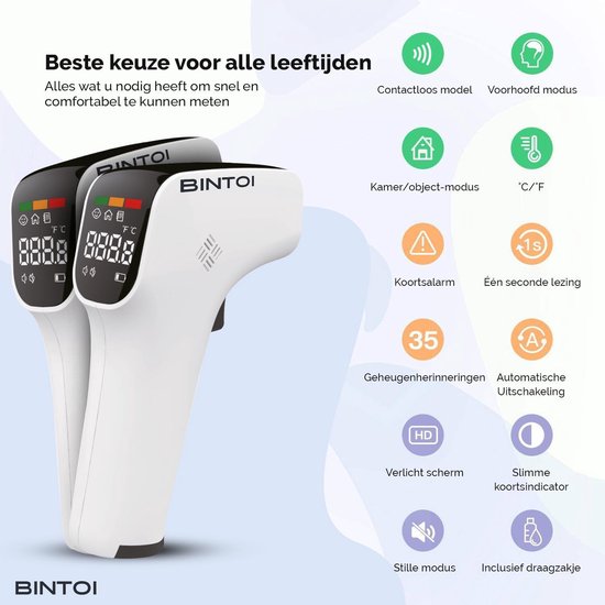Bintoi® Thermomètre frontal - Thermomètre de corps - Thermomètre d'oreille - Thermomètre de fièvre pour adultes et bébés - Mesure instantanée en 1 seconde - Facile à lire dans l'obscurité - Piles incluses.