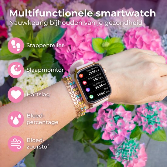 Nuvance - Smartwatch Hommes et Femmes avec Bluetooth - IP68 Waterproof - Convient à tous les Smartphones - Podomètre et moniteur de fréquence cardiaque - Or