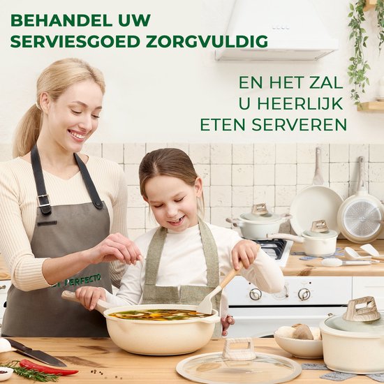 Just Perfecto 14 Piece Induction Cookware Set - Beige Cookware Set With Lid For Gas and Induction - PFAS free - Cold grips