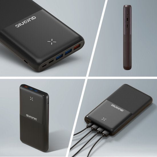 Auronic Powerbank 30 000 mAh - Charge rapide 22,5 W via USB-C, USB-A, Micro-USB - Câble inclus - Universel - Charge rapide - Pack d'urgence - Noir