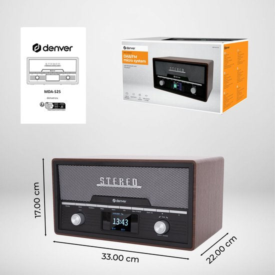 Denver Radio DAB Lecteur CD - Radio rétro - Bluetooth - DAB+/ FM - CD - MDA525 - Darkwood
