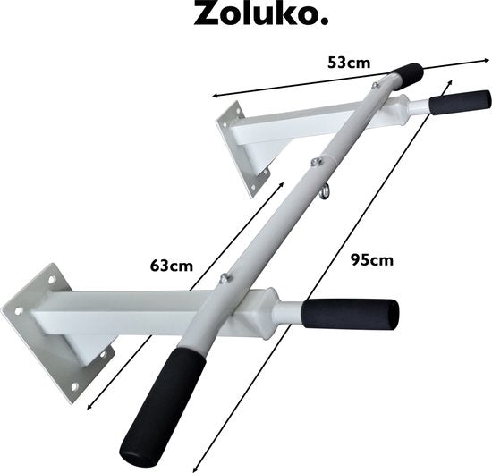 Zoluko Professional Pull Up Bar Wall Mount - Including E-book - 150kg Carrying Capacity - Easy Mounting - Pull Up Bar Fitness - Pull Up Station for Home Sports - Chin Up Bar - White