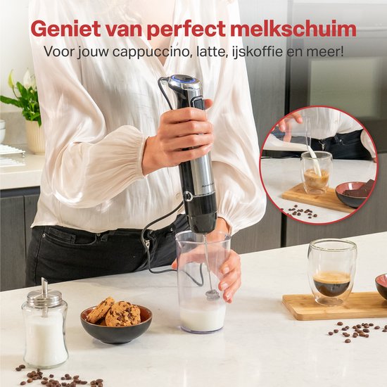 Pied mixeur - AoraKitchen - Set de 6 Piece - 1000W - Turbo - Mousseur à lait - Hachoir - Verre doseur - Fouet