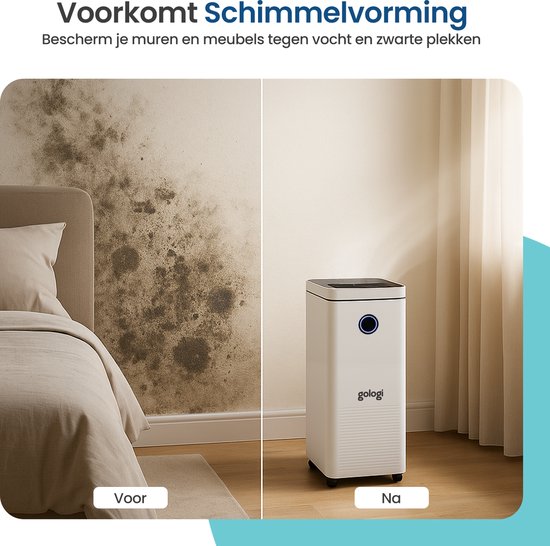Gologi Déshumidificateur avec application - Déshumidifie jusqu'à 12L par jour - Fonction Lavage-Séchage - Pour la maison - Convient pour la cave, la chambre, la salle de bain et le salon - Déshumidificateur - Dévoreur d'humidité contre la moisissure - Bla