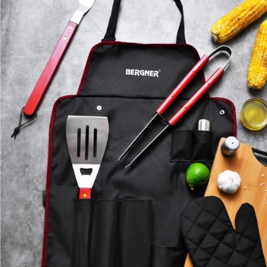 Bergner BBQ Accessories 7 Piece Tool Set - Stainless Steel - Gift Set - with bbq Apron