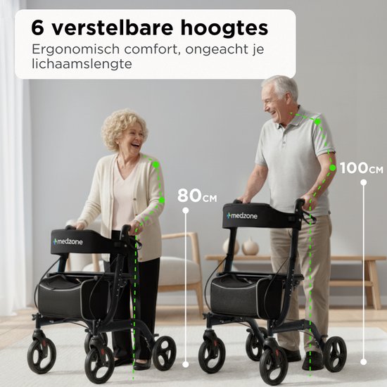 Déambulateur Medzone léger et pliable - intérieur et extérieur - fonction siège - dossier et support pour canne - noir