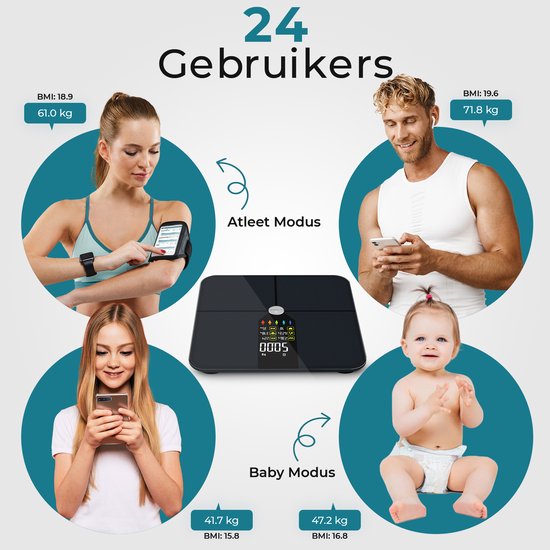 e.volve Scale Pèse-personne numérique - 16x - Noir - Pèse-personne intelligent avec analyse du corps - Pèse-personne de précision - App. incluse