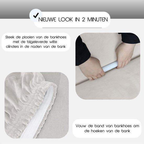 Hilvard - Housse de canapé 3 places - (185-230 cm) - Ivoire - Velours - Stretch - Housse de canapé - Housse de meuble - Contre les dommages et les taches - Housse de siège - Housse de siège