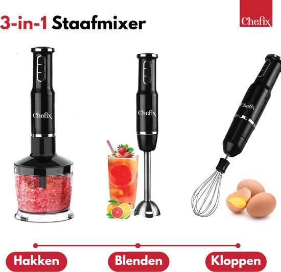 Chefix Hand Blender Set 4-in-1 - Mixeur plongeant - Hachoir Fouet Batteur Tasse à mesurer - 750 W - Noir