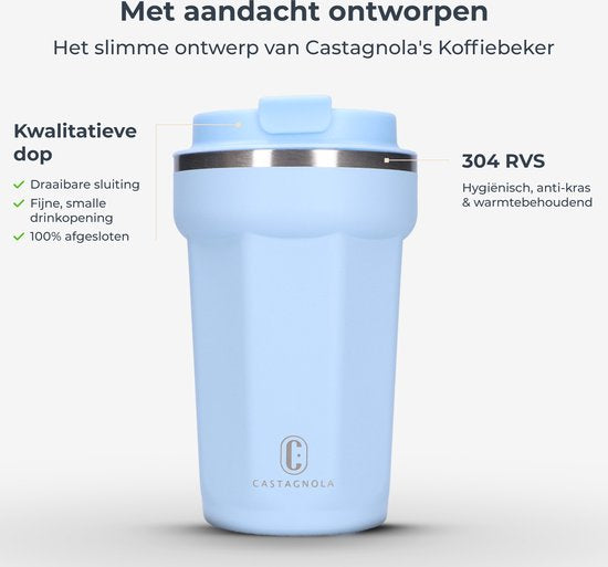 Castagnola Thermos Cup - Coffee Mug To Go - Travel Mug for Coffee and Tea - Tea Mug - 380 ML - Stainless Steel - Light Blue - Octagon