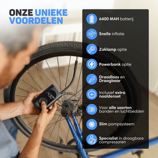 Vulpes Goods® Tech - Pompe à pneu portable à compresseur - 6400mAh - Pompe électrique pour vélo - Compresseur d'air pour voiture, scooter, vélo, ballon et matelas pneumatique - 7 accessoires inclus - Lampe de poche - Powerbank - PRO