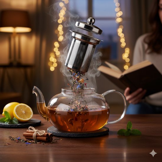 Vaja® Théière en verre avec filtre en acier inoxydable - 1,4 litre - Infuseur de thé - Pour thé en vrac / fleurs de thé - Cadeau de Noël - Verre borosilicaté avec bec verseur anti-goutte
