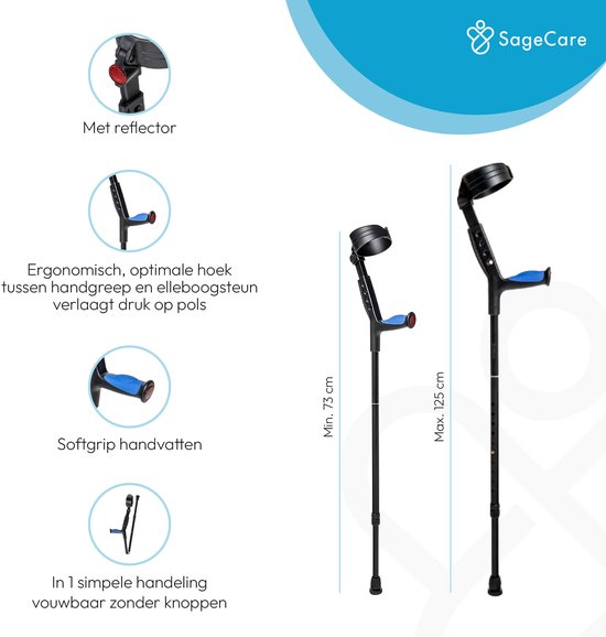 SageCare® Béquilles pliables pour coude (lot de 2) pour adultes - Béquilles de marche légères et ajustables - pliage rapide sans boutons - poignées ergonomiques en gel et réflecteur - noir - idéal pour la rééducation