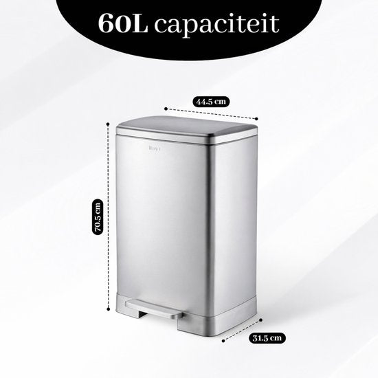 Bayt Poubelle - Poubelle 60 litres - Inclus 2 rouleaux de sacs poubelles - Poubelle 60 litres - Poubelle à pédale 60 litres - Poubelle - inox - Silver