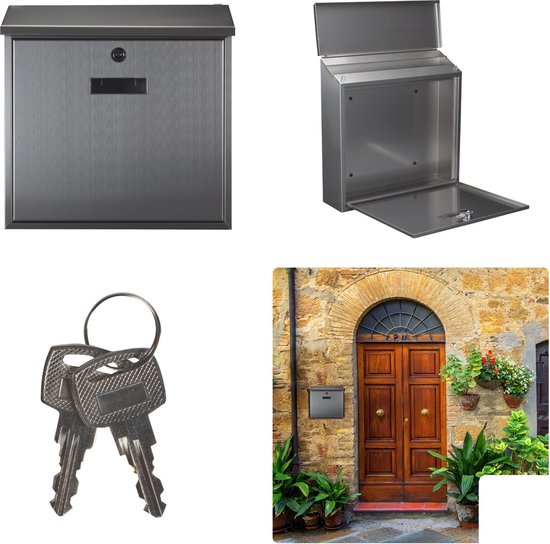 Perel letterbox Monaco, boîte aux lettres murale extérieure, montage mural, avec plaque signalétique, serrure à clé, verrouillable avec 2 clés, acier inoxydable, 36,8 x 36,5 x 10 cm, gris argenté
