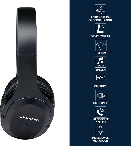 Grundig Bluetooth Headphones - Casque sans fil - Casque supra-auriculaire avec 40 heures d'autonomie de lecture - Casque sans fil avec microphone - Câble audio 3,5 mm et câble de chargement USB-C inclus.