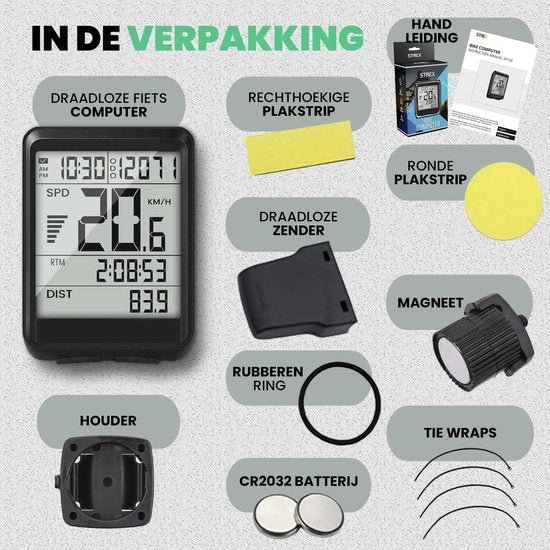 Strex Wireless Bike Computer - 17 Functions - Extra Large Screen - Wireless Bike Computer Wireless Waterproof - NL Manual